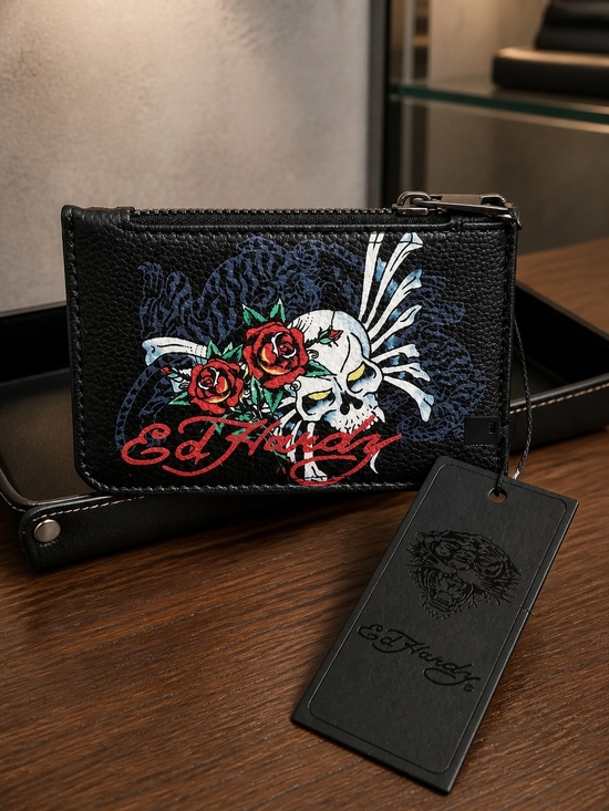 Ed Hardy Handbags - Ed Hardy Black Leather Skull & Rose Card Holder